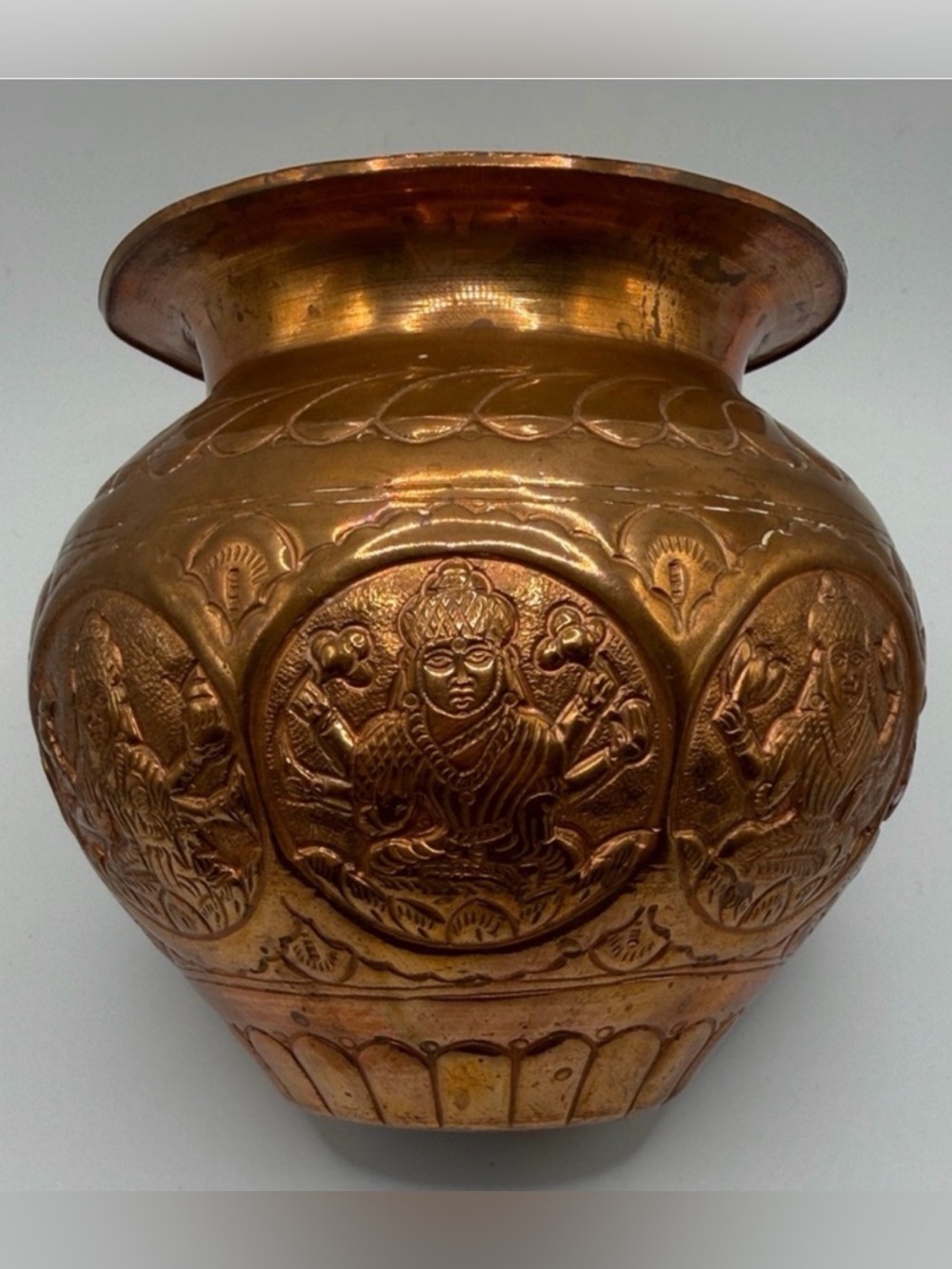 Vintage Embossed Copper Deity Motif Pooja Lota Pot Vessel Vase, Lakshmi Decor